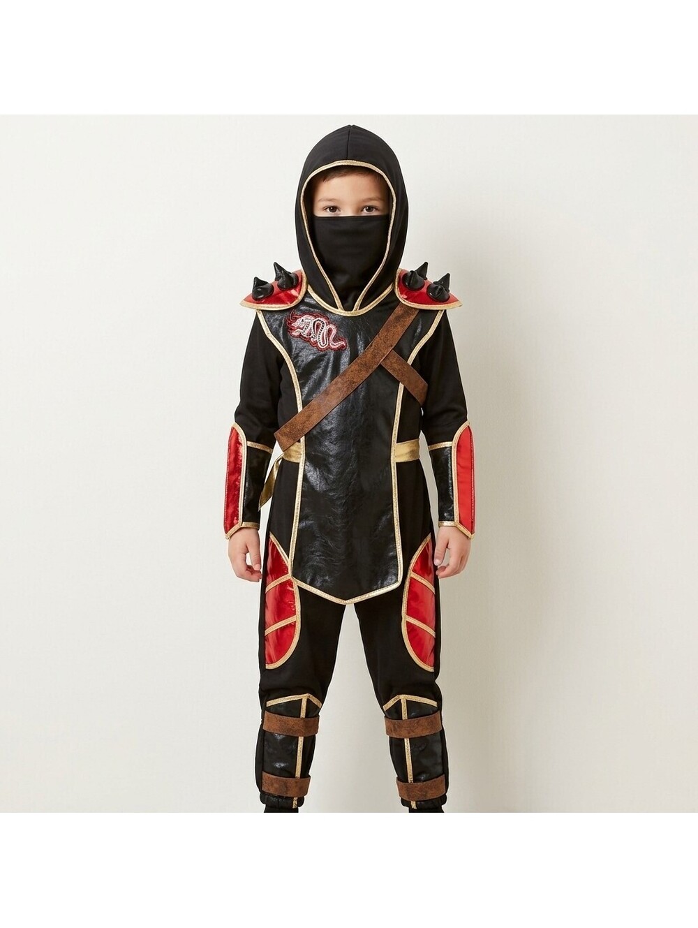 Dragon Ninja Costume Kids 4-6 Years Black Red Gold Hooded Jumpsuit